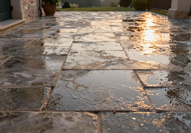 A pristine stone terrace of a Central European / French home, sparkling clean after a professional wash. The wet stone tiles reflect the soft amber light of late afternoon, showcasing professional cleaning results.