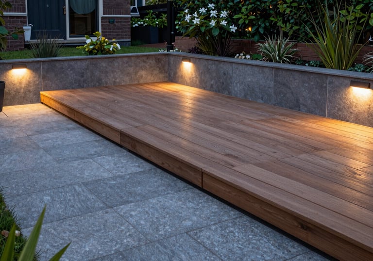 A professional photo of a freshly renovated Dutch garden with a luxury wooden deck, sleek grey stone pavers, and modern outdoor lighting at twilight.