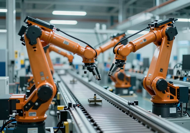 A clean, automated logistics sorting facility with high-speed robotic arms moving with motion blur. Lighting is cool and industrial, with #56A8C7 highlights on the metal surfaces.