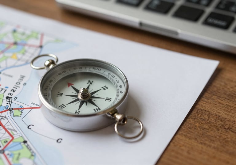 A detailed macro shot of a compass and a printed architectural map on a wooden desk in a North American business environment.