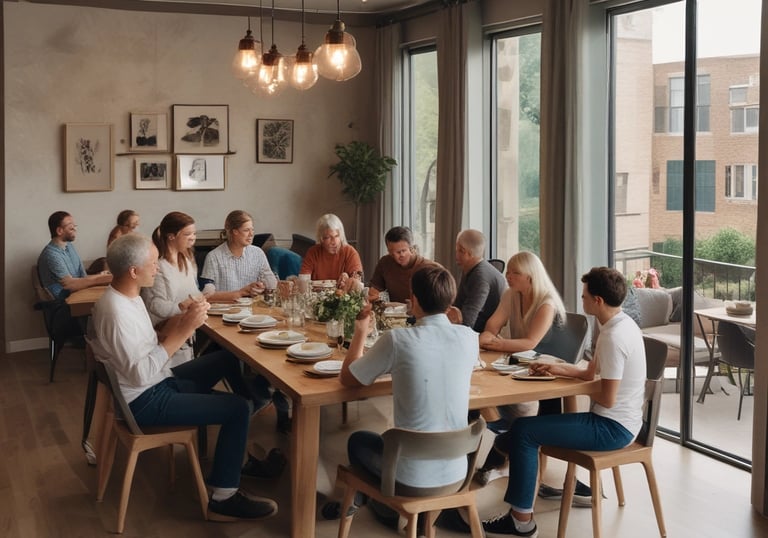 A warm community dining area where residents share a meal and laughter.