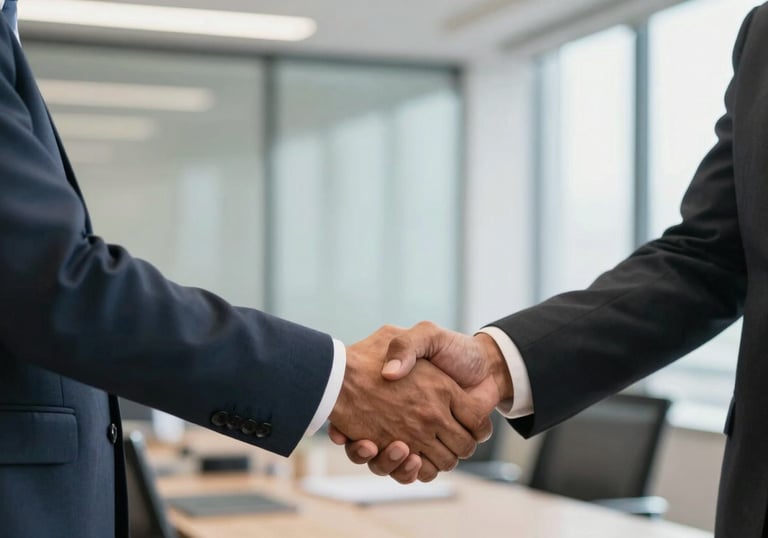 A professional handshake between two business people in a South Asian / Indian office setting, symbolizing a successful partnership and mutual trust, well-lit and sophisticated.