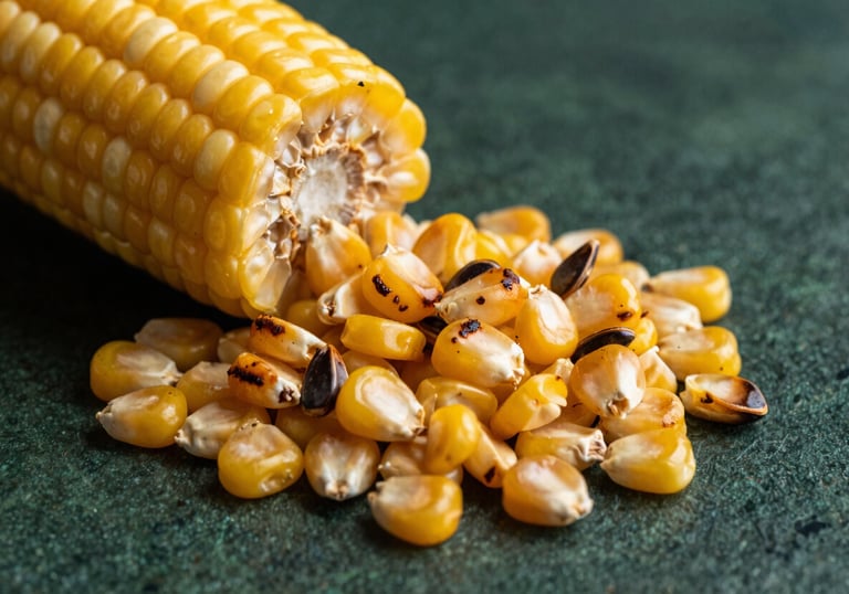 Close-up shot. A handful of roasted golden corn kernels and dark seeds spilling onto a dark forest green textured surface, highlighting the crunch and quality.