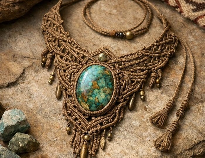 Collar bohemio de macramé hecho a mano, con un gran colgante de piedra turquesa,