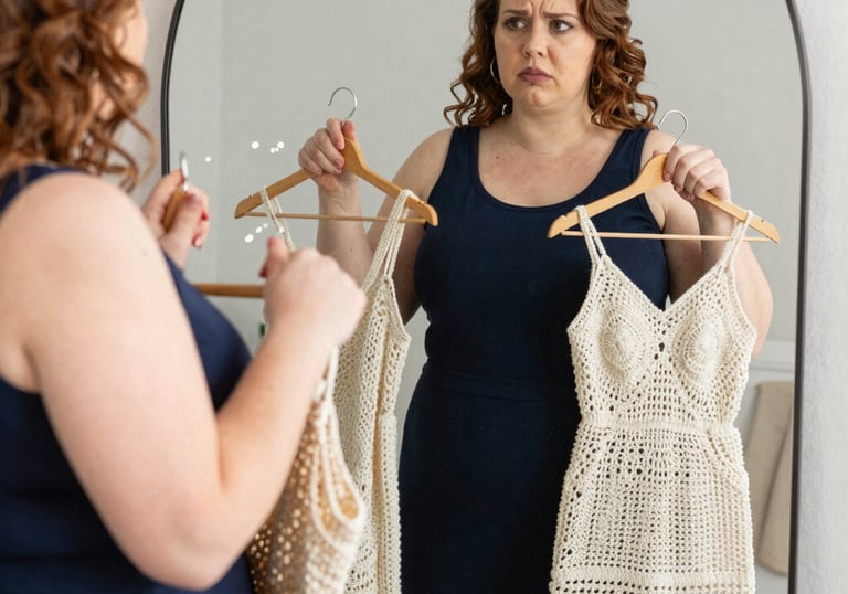 Elegant plus size woman smiling confidently wearing a premium knit dress.