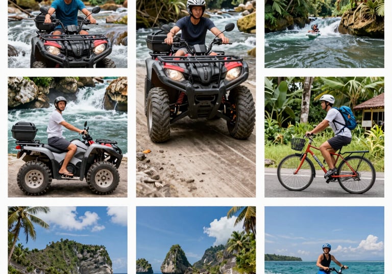 A group of happy travelers enjoying a scenic ride through Bali’s lush countryside.