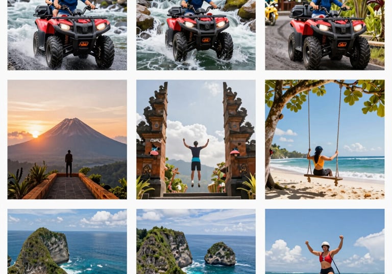 A scenic Bali sunset view with a convoy of scooters winding along a coastal road.