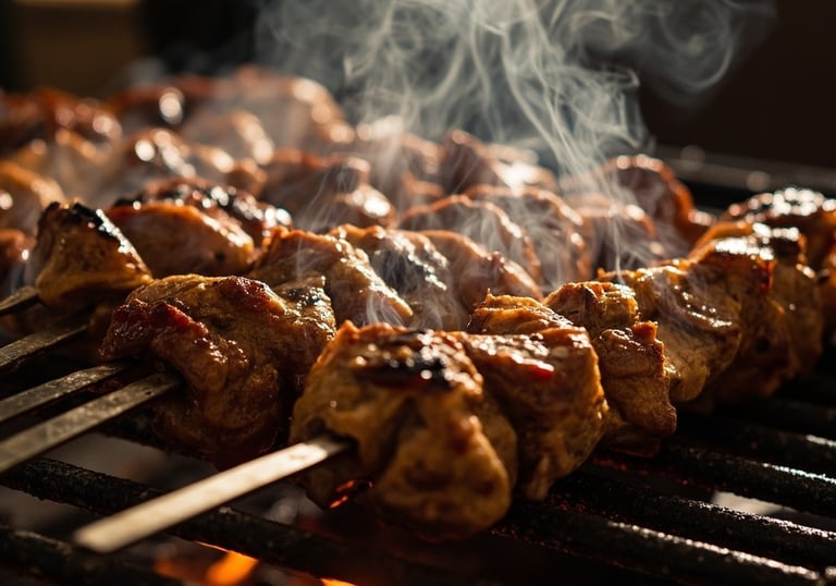 a grill with meat and vegetables on a grill