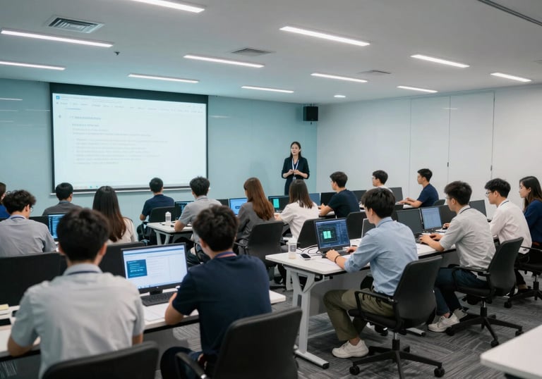 A wide shot of a modern corporate seminar room with students engaged in a technology workshop, professional and innovative setting, global international context, light blue palette.