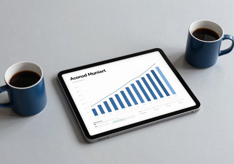 Minimalist desk setup with a tablet showing growth analytics, a coffee cup, and deep space blue accents on a clean mist surface.