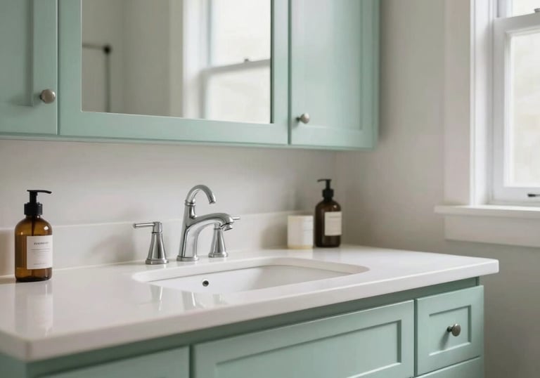 A contemporary bathroom vanity featuring soft mint green cabinetry and a polished white countertop in a bright North American residence.