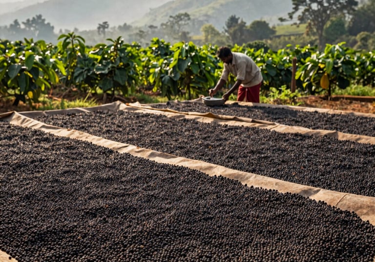 Traditional drying racks with spices spread under the warm sun, surrounded by verdant hills.