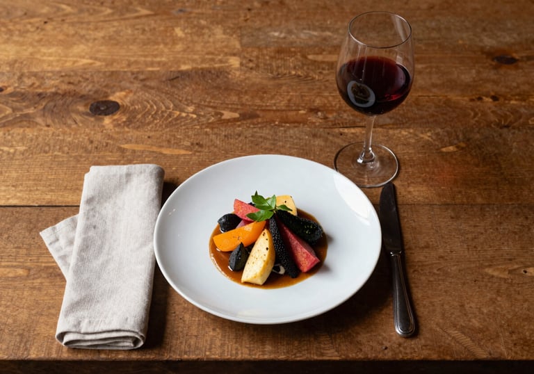 A minimalist, overhead shot of a rustic Brazilian restaurant table. A plate of gourmet food with vibrant colors is centered, surrounded by a linen napkin and a single glass of red wine. Scandinavian aesthetic, warm lighting.