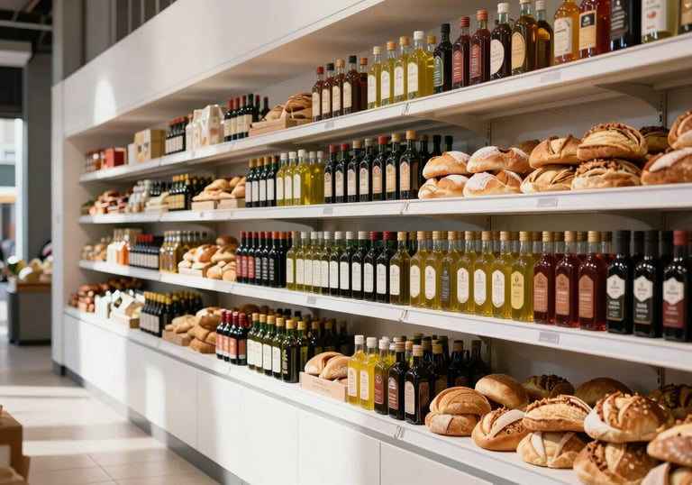 A bright and airy shot of a modern food market interior in a South American city. Shelves are stocked with artisanal oils and breads. The lighting is crisp, highlighting the clean architecture and fresh atmosphere.