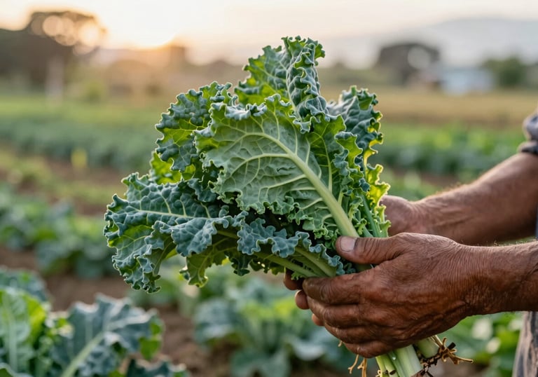 A close-up photograph of a South American farmer’s weathered hands holding a bundle of vibrant, organic green kale. The background is a soft-focus vegetable garden at sunrise, with a warm, authentic glow.
