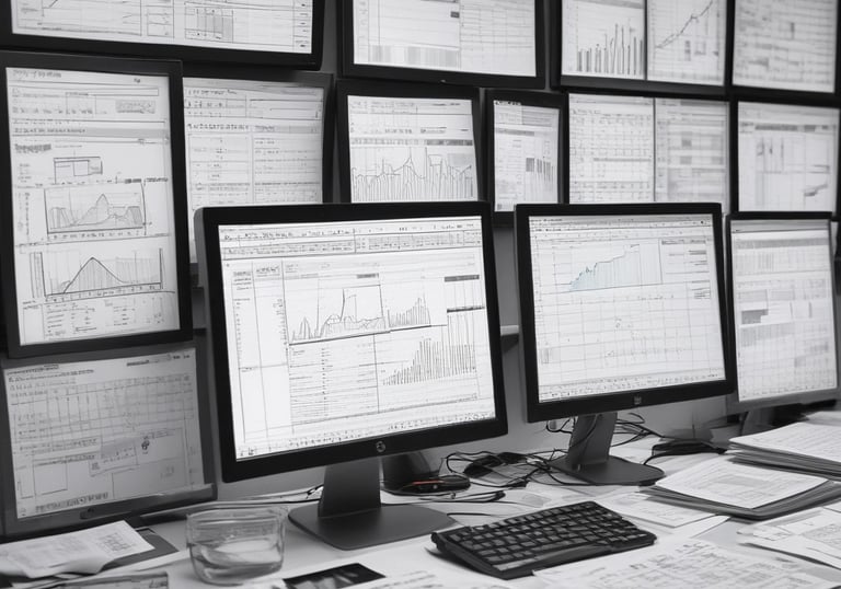 A sleek workspace with multiple screens showing organized data charts and graphs.