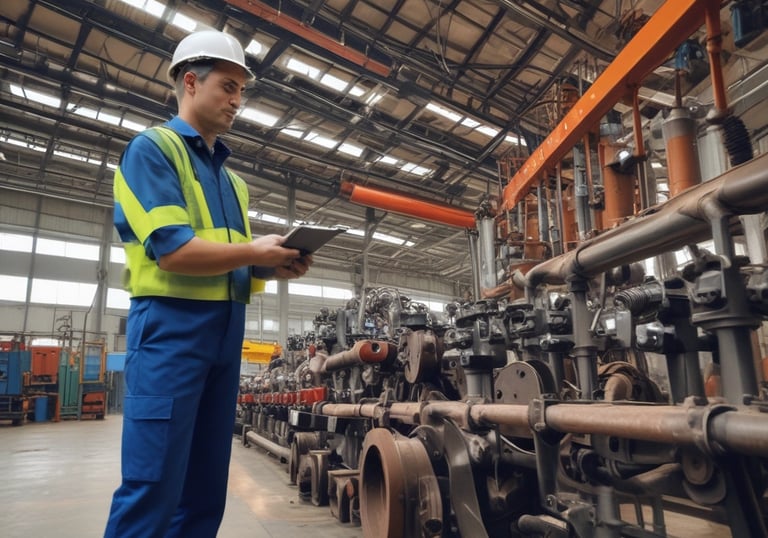 Inspection technician examining industrial equipment in a bright workspace.
