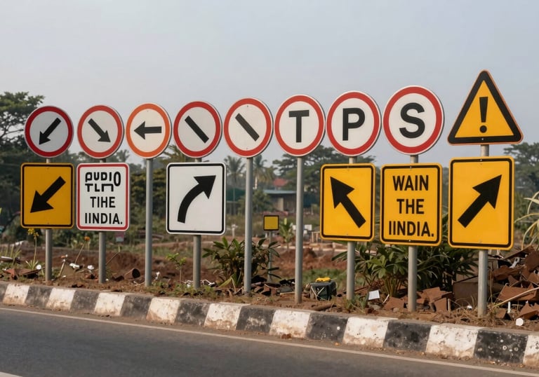 A variety of professional traffic sign boards—speed limits, directional, and safety warnings—expertly installed on a clean roadside in India.