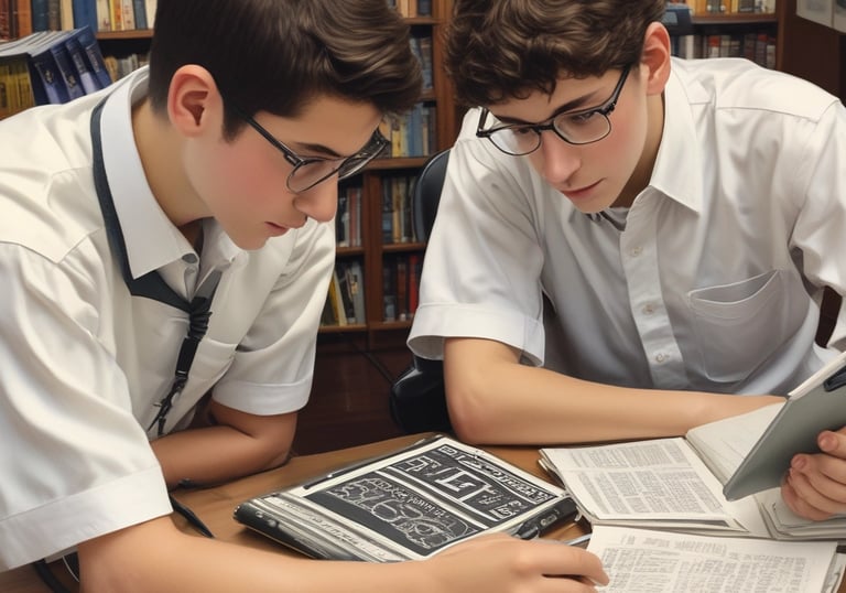 A classroom blending modern technology and traditional Jewish learning atmosphere.