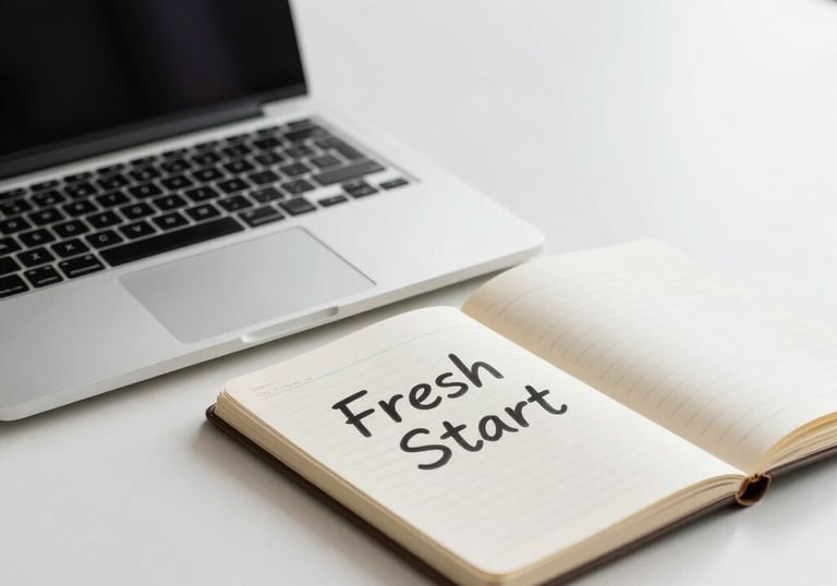 A clean, organized professional desk with a laptop and a notebook, symbolizing a fresh start in a North American / US office with soft natural light.