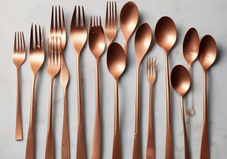 Set of elegant copper silverware arranged on a linen napkin with soft natural light.
