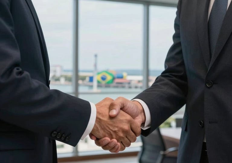 A close-up photography of a professional handshake between two executives in a modern office with a view of a Brazilian port, symbolizing partnership.