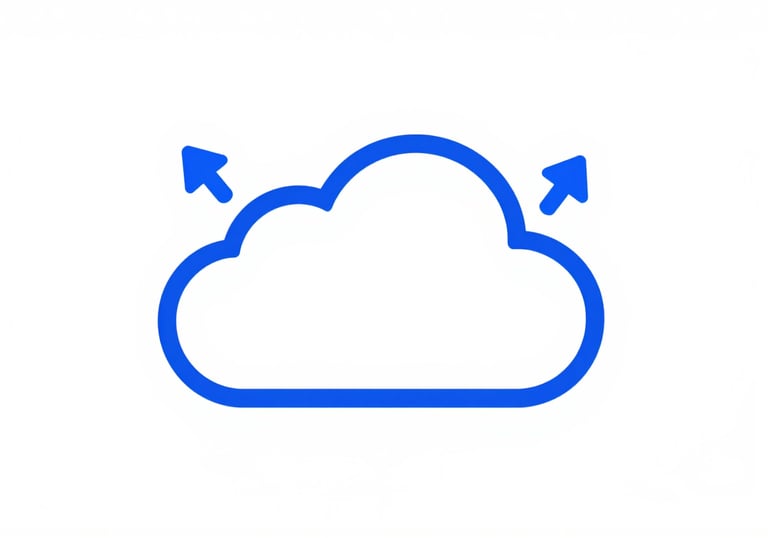 A minimalist graphic of a cloud icon with data arrows flowing in and out, representing cloud-native efficiency, using #4A6FA5 and #1F4287 colors.