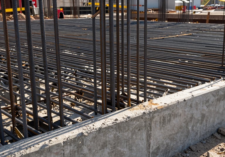 Detail of steel rebar and concrete foundation work at a major infrastructure project site, North American / Mexican industrial style, morning light, engineering precision.