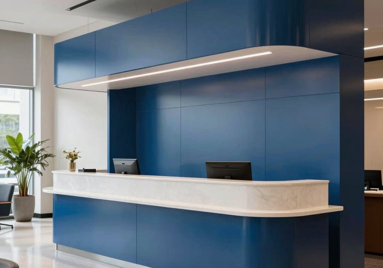 A high-end reception area of a South American / Brazilian corporate headquarters with clean lines, steel blue decor, and a professional, welcoming atmosphere. The focus is on a tidy delivery drop-off point.
