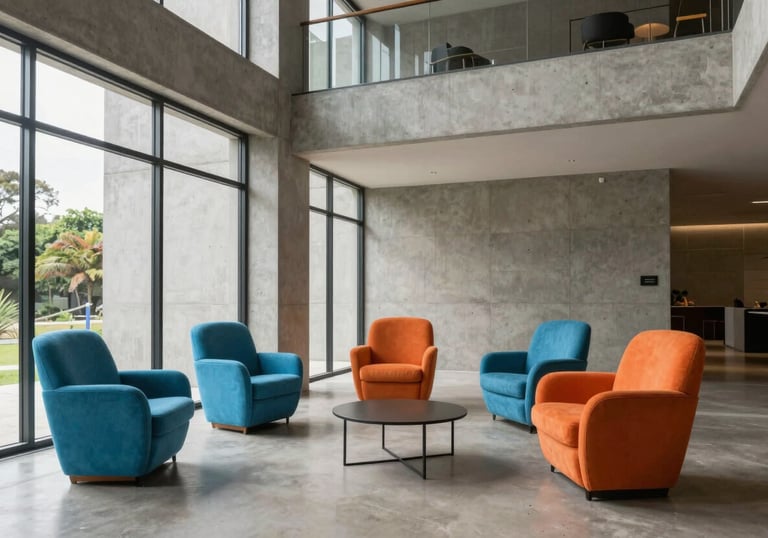 A photography of a modern Brazilian architectural space, clean lines, concrete walls, with vibrant cyan blue and orange accent chairs. Daylight filtering through large windows. Professional and efficient mood.