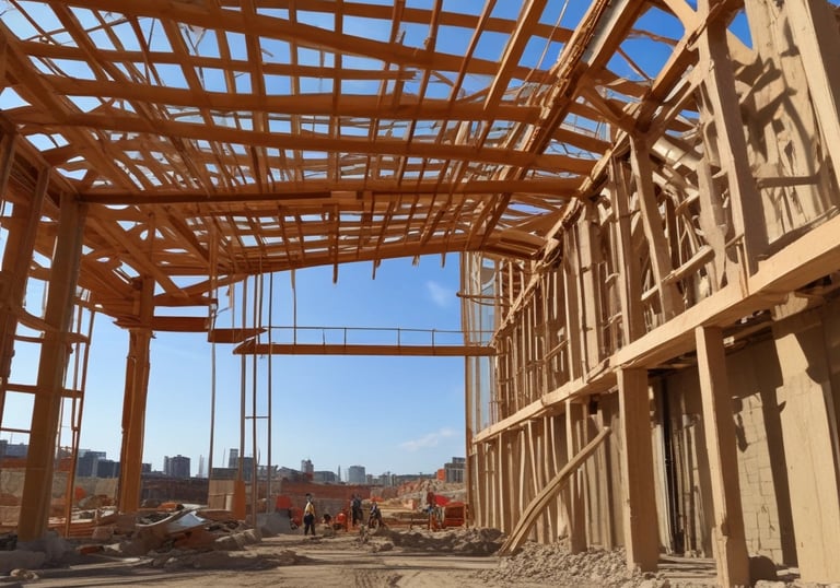 Construction workers installing plumbing and electrical systems inside a new building.