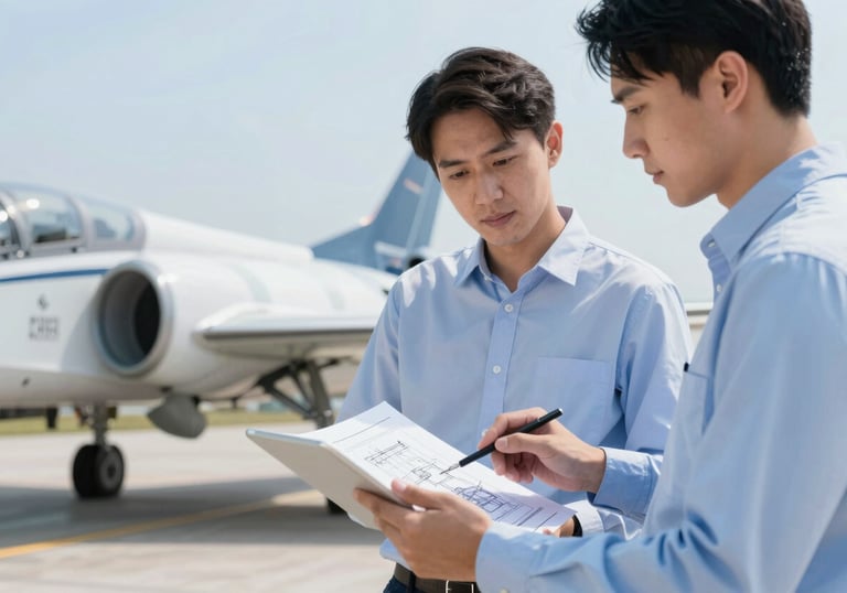 Two aviation engineers in clean professional gear reviewing technical drawings on a tablet next to a jet wing. Innovation and technology focus, using #F2F4F7 and #2B4A6B.