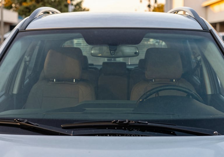 A modern SUV with a flawless new windshield reflecting a bright North American / US cityscape during the golden hour, symbolizing safety and clarity.