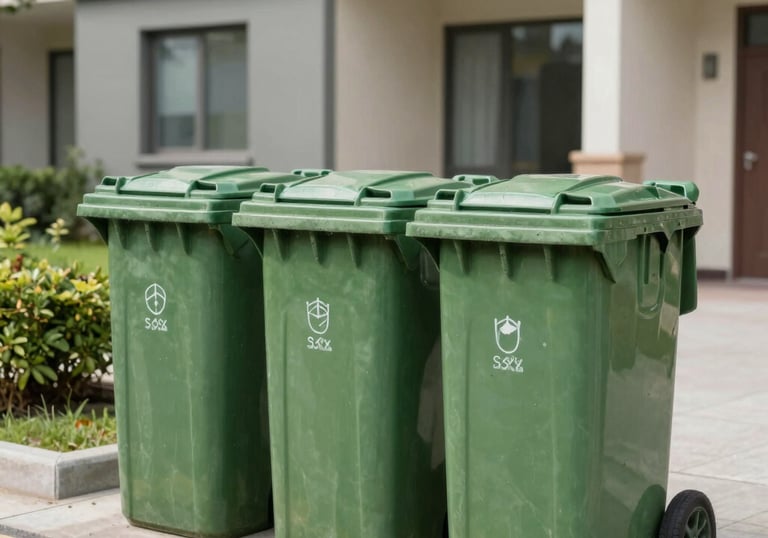 Cleaning equipment neatly arranged ready for use in a commercial space.