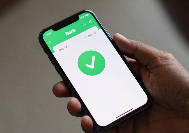 A close-up shot of a smartphone held by a South Asian person, showing a bank app interface with a large green checkmark indicating a completed transaction.
