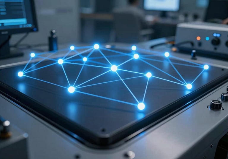 A high-tech digital connectivity hub with glowing blue lines representing network efficiency, professional corporate photography.