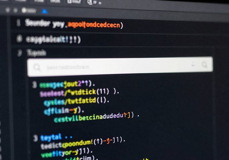An artistic macro photograph of a high-resolution screen showing glowing code and search engine interface elements, emphasizing precision and technical depth.