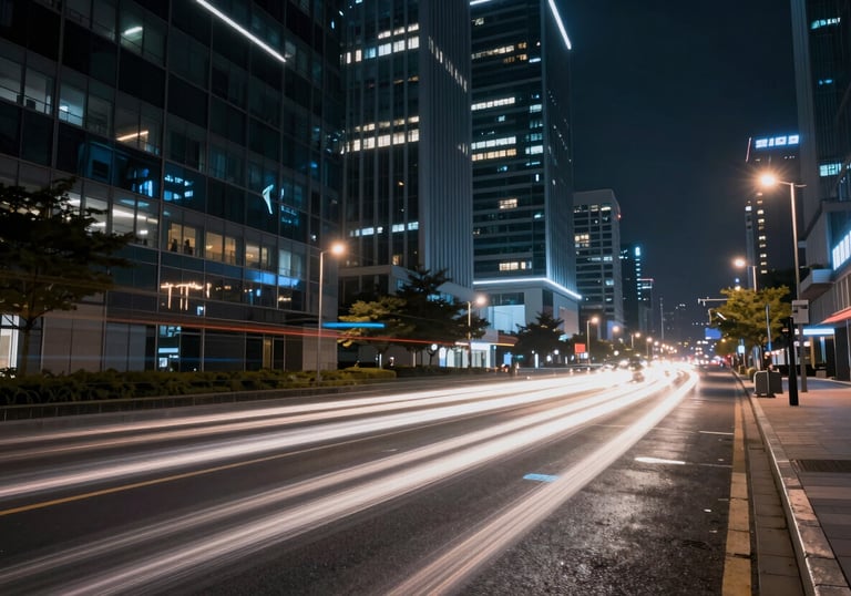 A dynamic shot of a modern city at night with light trails representing data flow, captured with a long exposure for a sleek, futuristic aesthetic.