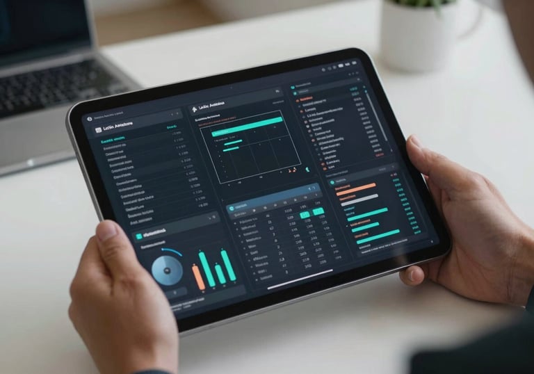 A close-up photograph of a sleek, modern tablet displaying complex data visualizations and automation workflows, held by a professional in a minimalist tech office in Latin America.