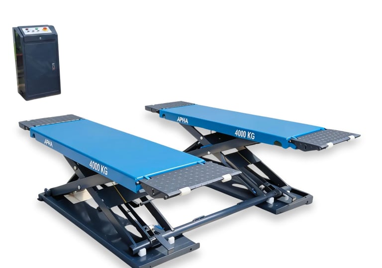 Blue 4000kg scissor car lift with control box for automotive garage service.