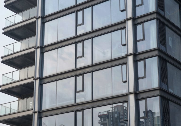 A finished commercial development project, featuring a modern glass facade reflecting a pale mist sky, showing craftsmanship.