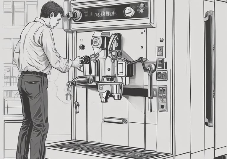 Technician installing a sleek coffee vending machine in a bright commercial lobby.