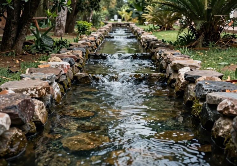 Crystal clear water flowing through a sustainable stone irrigation canal on a farm in San Vicente, Nayarit, reflecting the medium green foliage around it, North American / Mexican landscape.