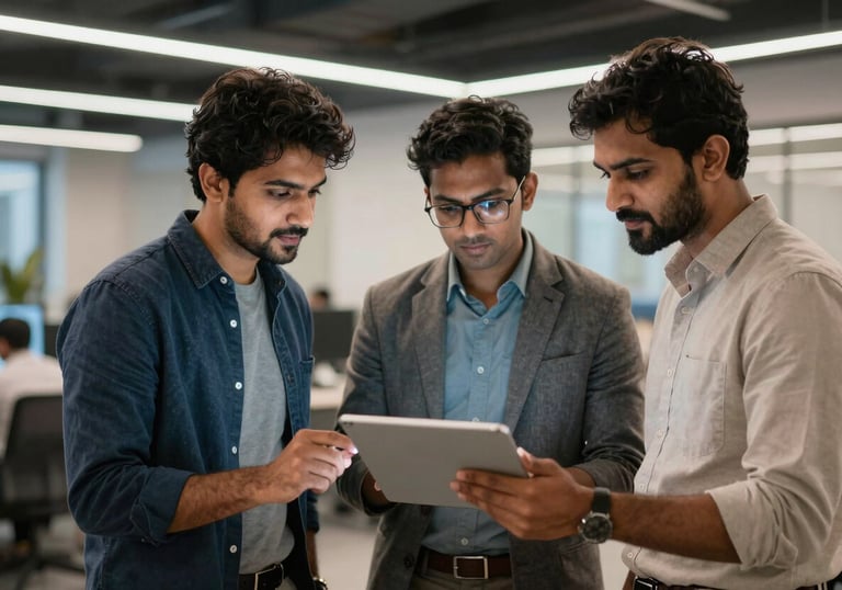 A group of focused South Asian individuals in business-casual attire collaborating around a tablet in a modern, vibrant tech hub workspace.