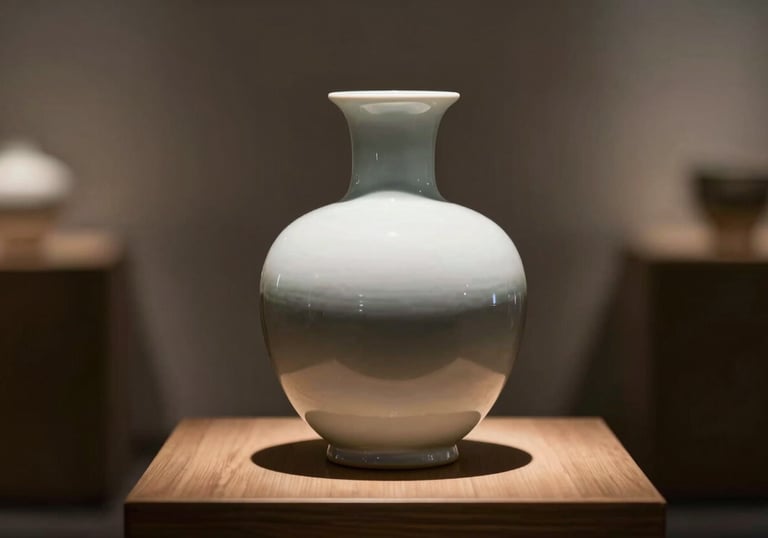 A single, exquisitely crafted ceramic vessel with a modern silhouette, showcased on a wooden pedestal. The lighting is focused and warm, highlighting the smooth glaze.