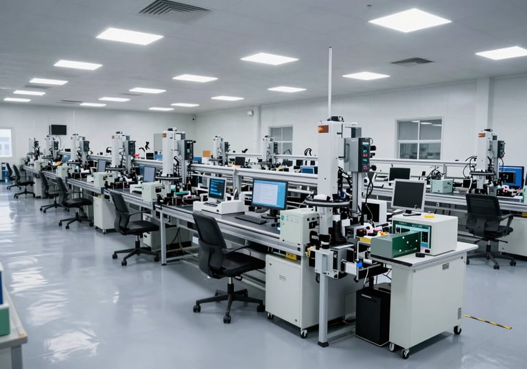 A wide-angle shot of a modern, clean electronics manufacturing facility with automated assembly lines and soft light gray floors.
