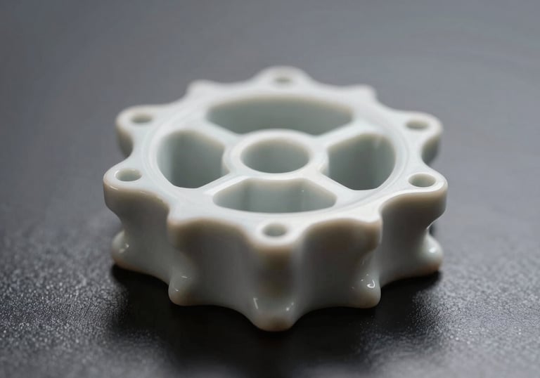 A macro photograph of a precision-engineered ceramic component with complex internal structures, resting on a dark, reflective surface #2C3333. Lighting is sharp and clinical to highlight industrial quality.