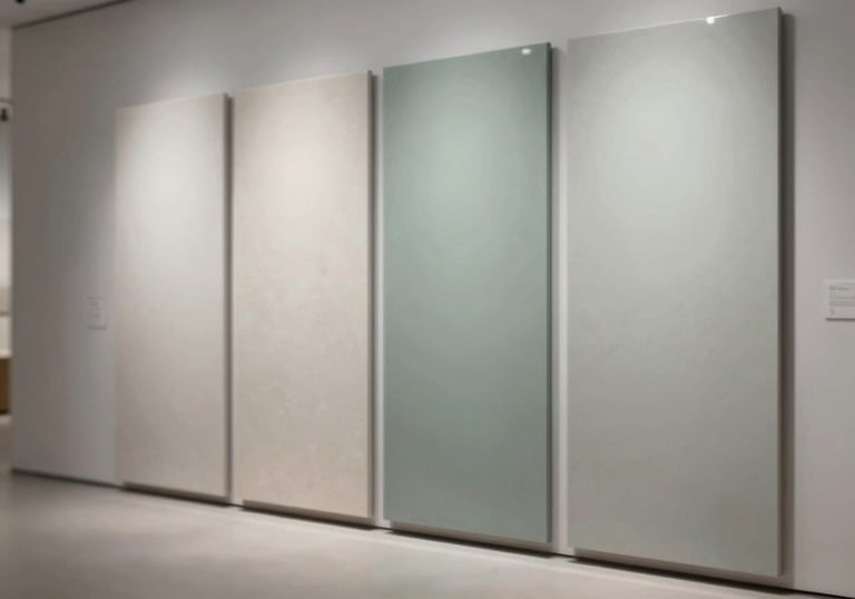 An elegant display of large-format ceramic wall panels in a modern architectural gallery. The panels have a subtle, refined texture in a mix of #F7F7F7 and #A4BC9F tones.