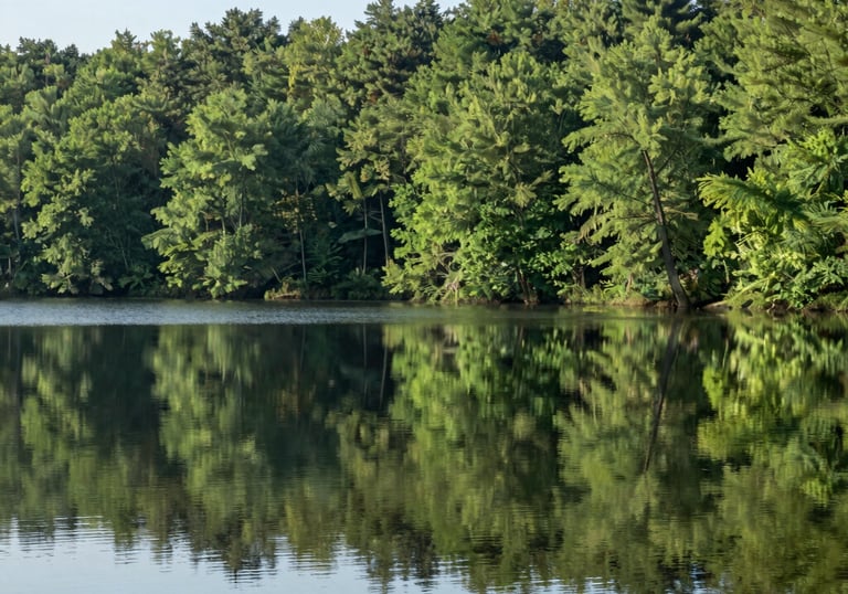 A peaceful lake reflecting a soft green forest under a clear sky, evoking tranquility.