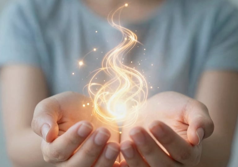 Close-up of hands gently holding glowing energy or light, representing healing.